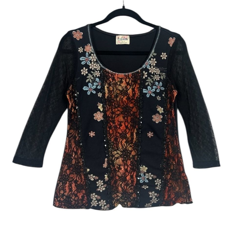 Edista Boho Fairy Grunge Lace Floral Y2K Blouse Sz L